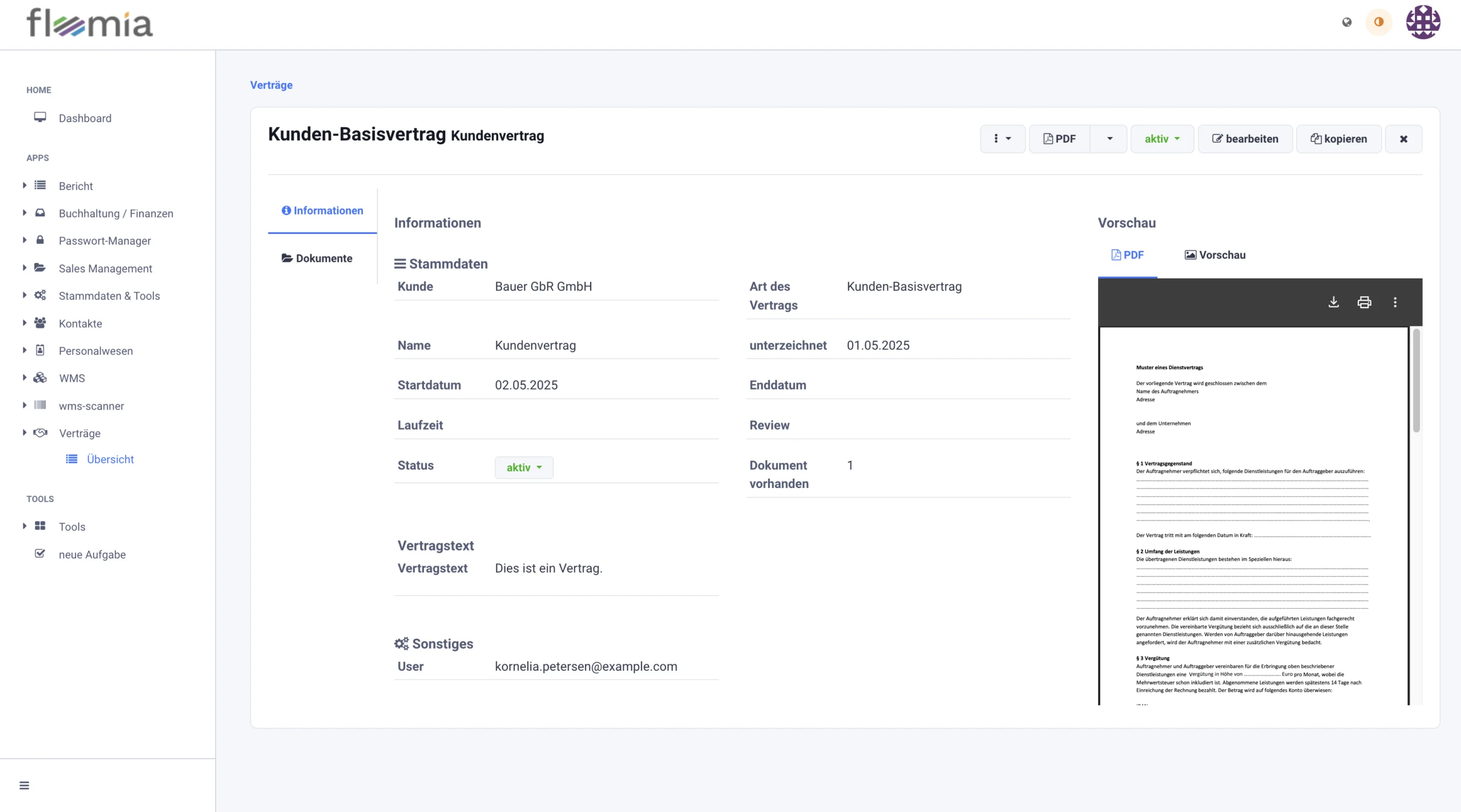 Floomia CRM: Rahmenvertrag eines Kunden mit PDF-Vorschau
