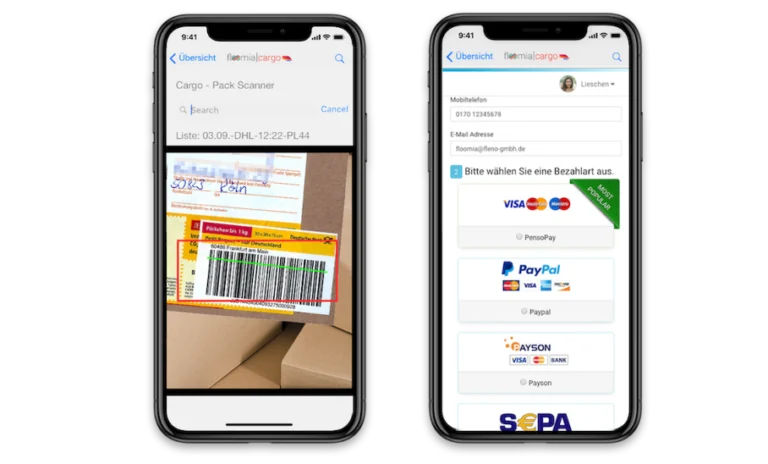 Floomia Cargo als mobile Web-App: Paket scannen und Zahlungsart wählen